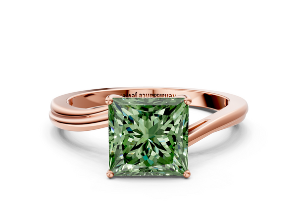 Rose gold Fancy Green Princess  Cut Solitaire Twist Band Ring with Four-Prong Setting