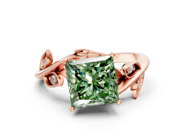 Rose gold Fancy Green Princess Cut Solitaire Twist Engagement Ring with Leaf Accents and Prong Setting