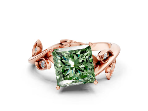 Rose gold Fancy Green Princess Cut Solitaire Twist Engagement Ring with Leaf Accents and Prong Setting_13