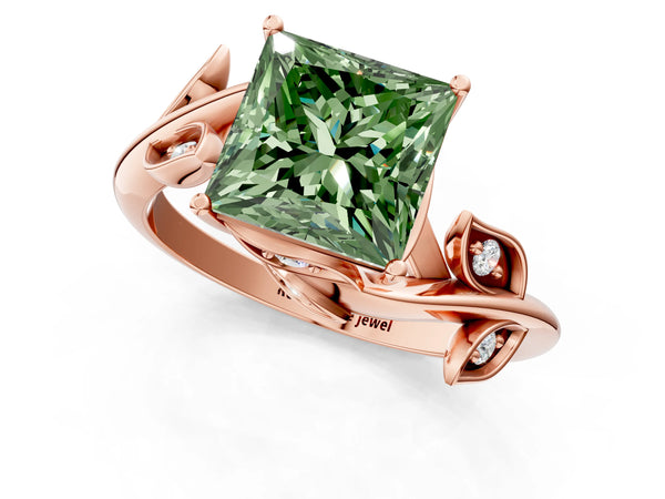 Rose gold Fancy Green Princess Cut Solitaire Twist Engagement Ring with Leaf Accents and Prong Setting
