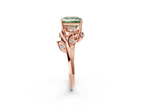 Rose gold Fancy Green Princess Cut Solitaire Twist Engagement Ring with Leaf Accents and Prong Setting