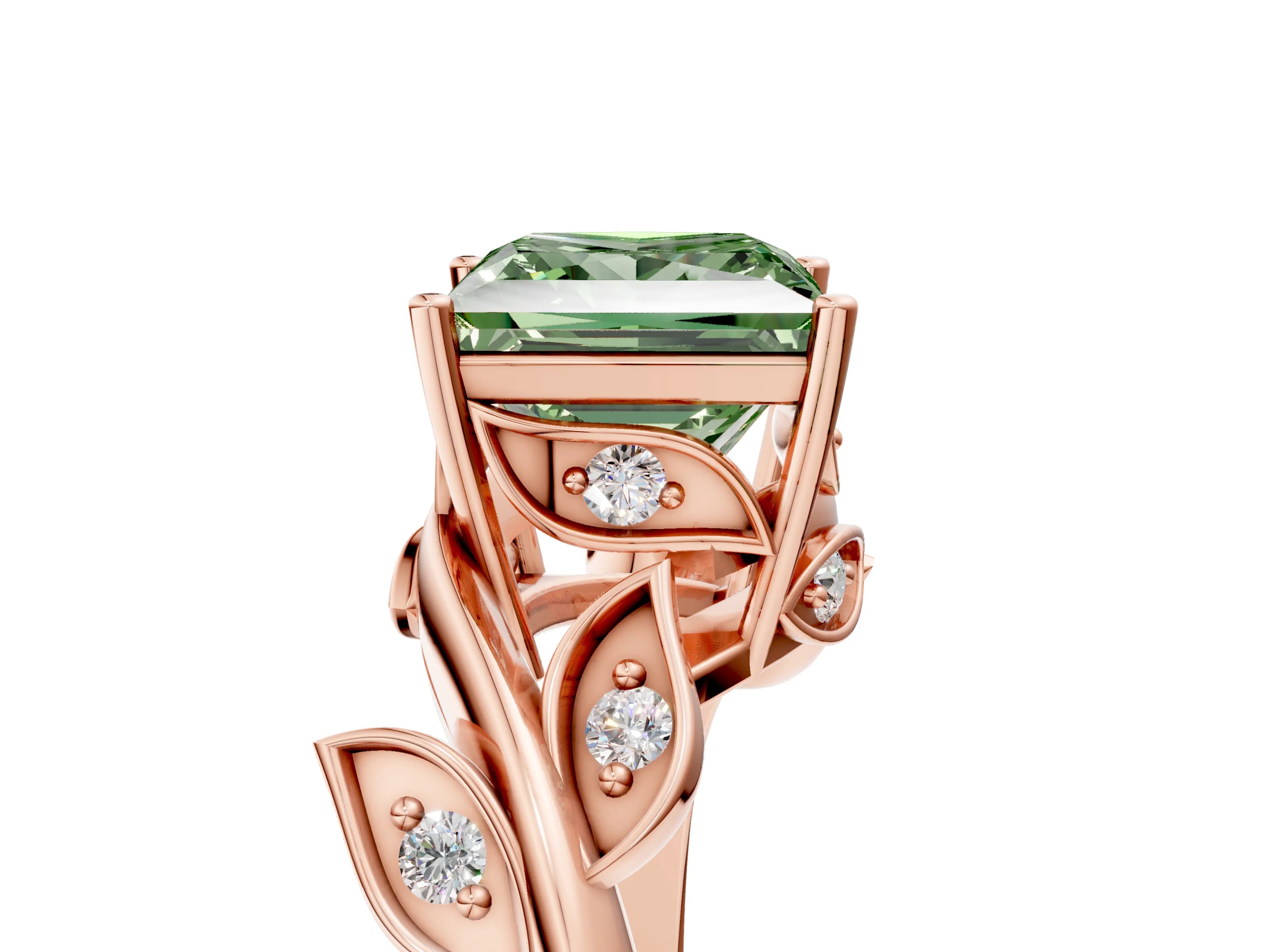 Rose gold Fancy Green Princess Cut Solitaire Twist Engagement Ring with Leaf Accents and Prong Setting_18