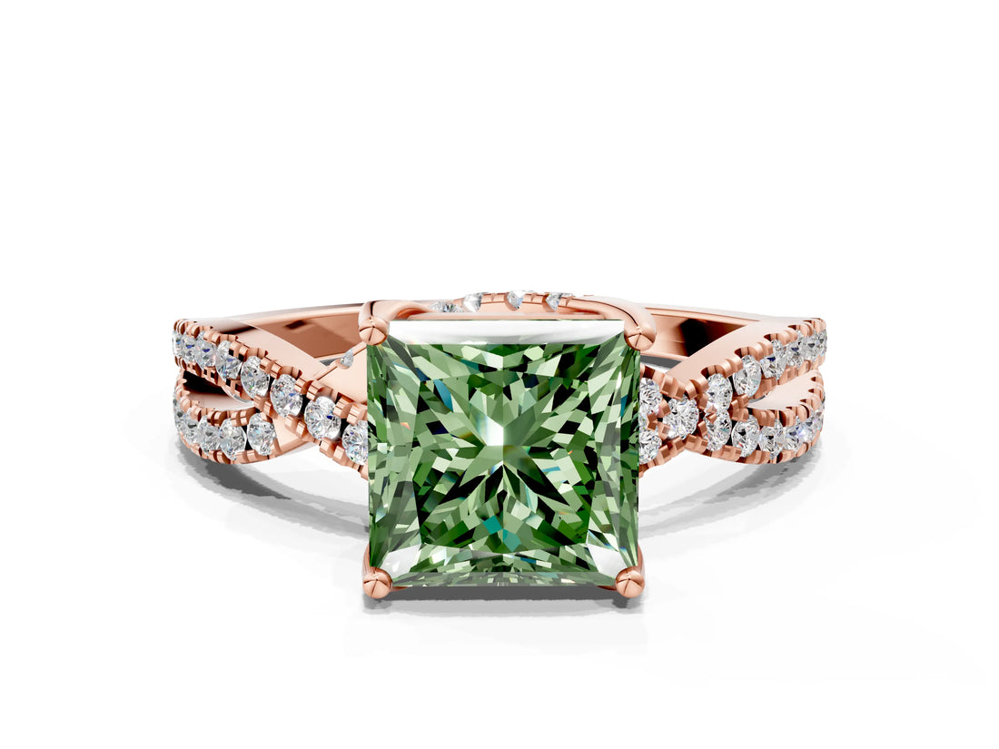 Rose gold Fancy Green Princess Cut Solitaire Twist Pave Diamond Engagement Ring with Prong Setting