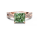 Rose gold Fancy Green Princess Cut Solitaire Twist Pave Diamond Engagement Ring with Prong Setting
