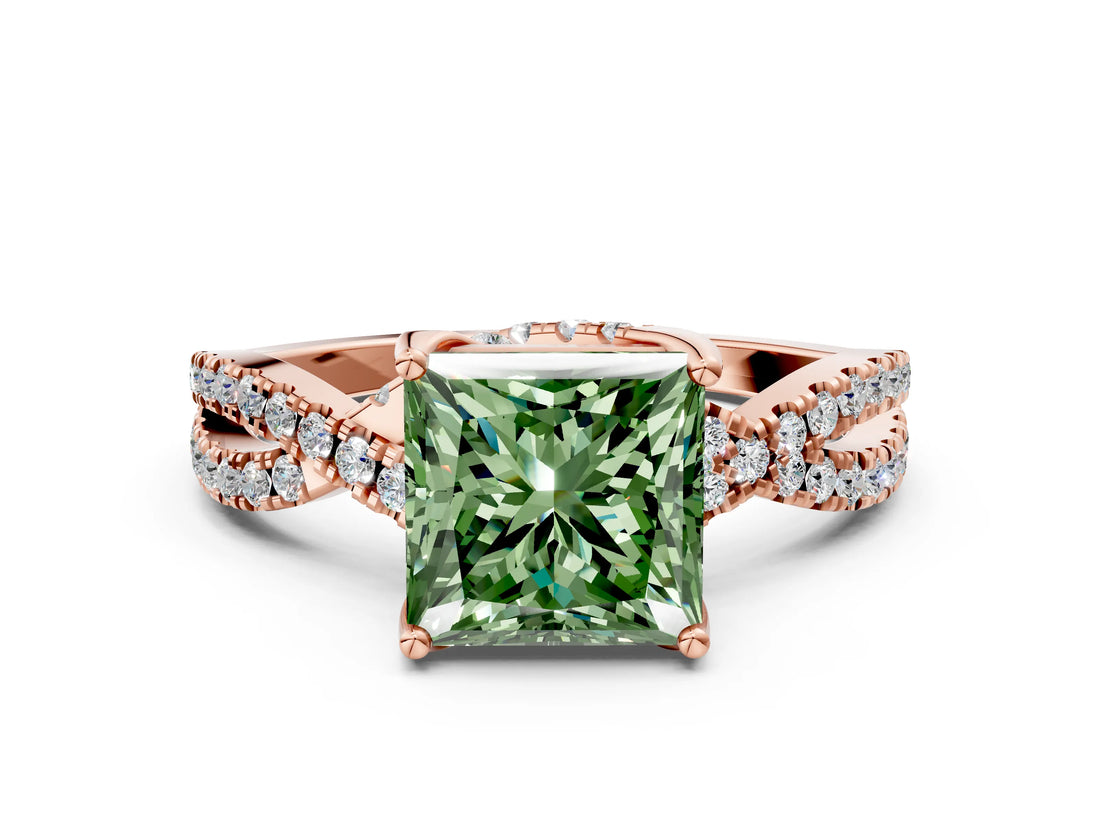 Rose gold Fancy Green Princess Cut Solitaire Twist Pave Diamond Engagement Ring with Prong Setting_24