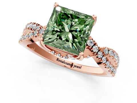 Rose gold Fancy Green Princess Cut Solitaire Twist Pave Diamond Engagement Ring with Prong Setting_25