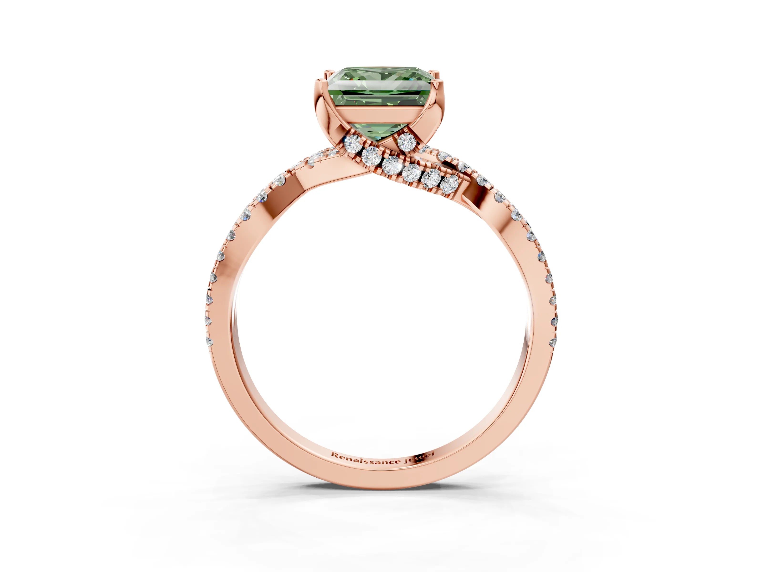 Rose gold Fancy Green Princess Cut Solitaire Twist Pave Diamond Engagement Ring with Prong Setting_27