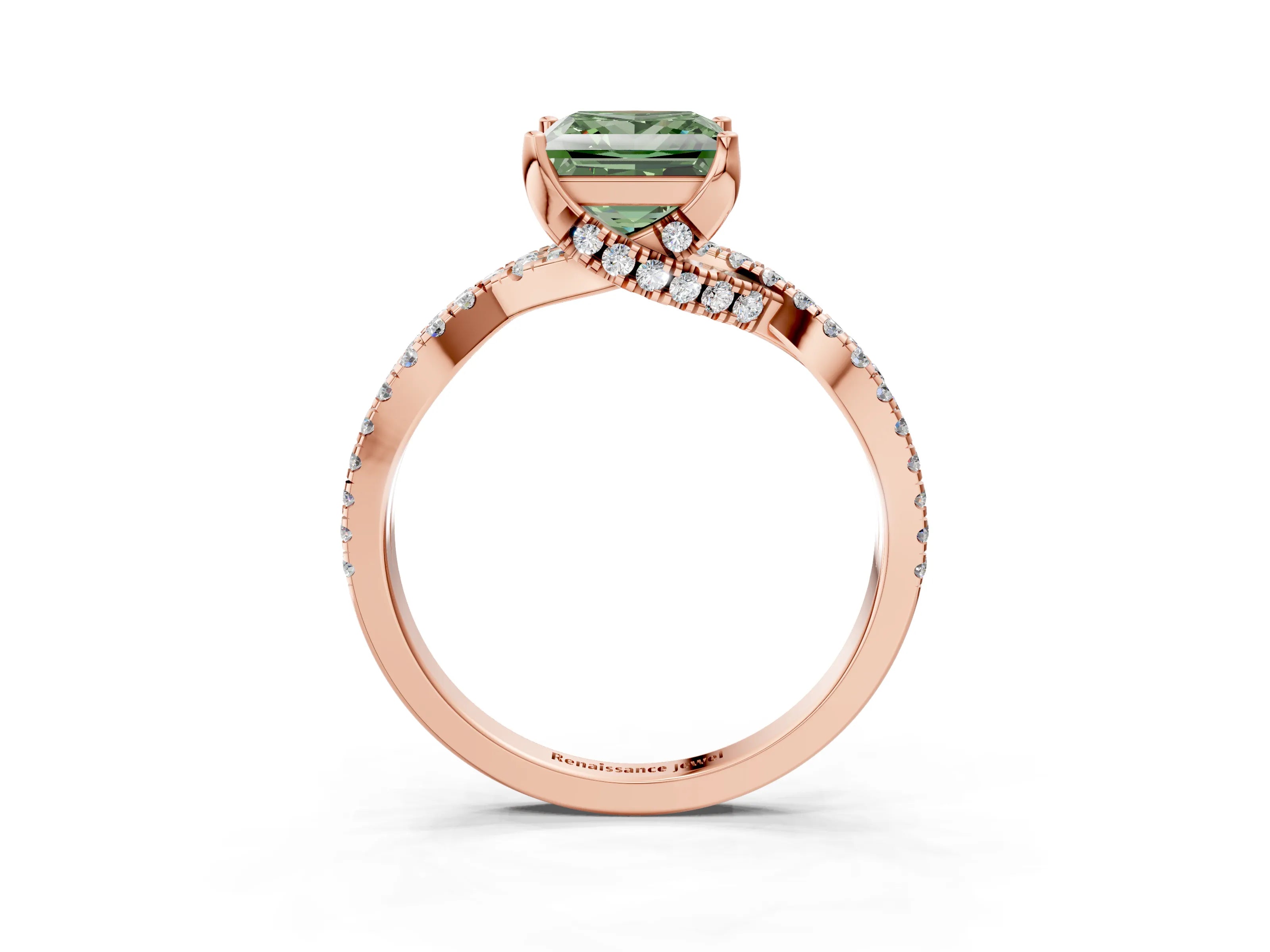 Rose gold Fancy Green Princess Cut Solitaire Twist Pave Diamond Engagement Ring with Prong Setting_3