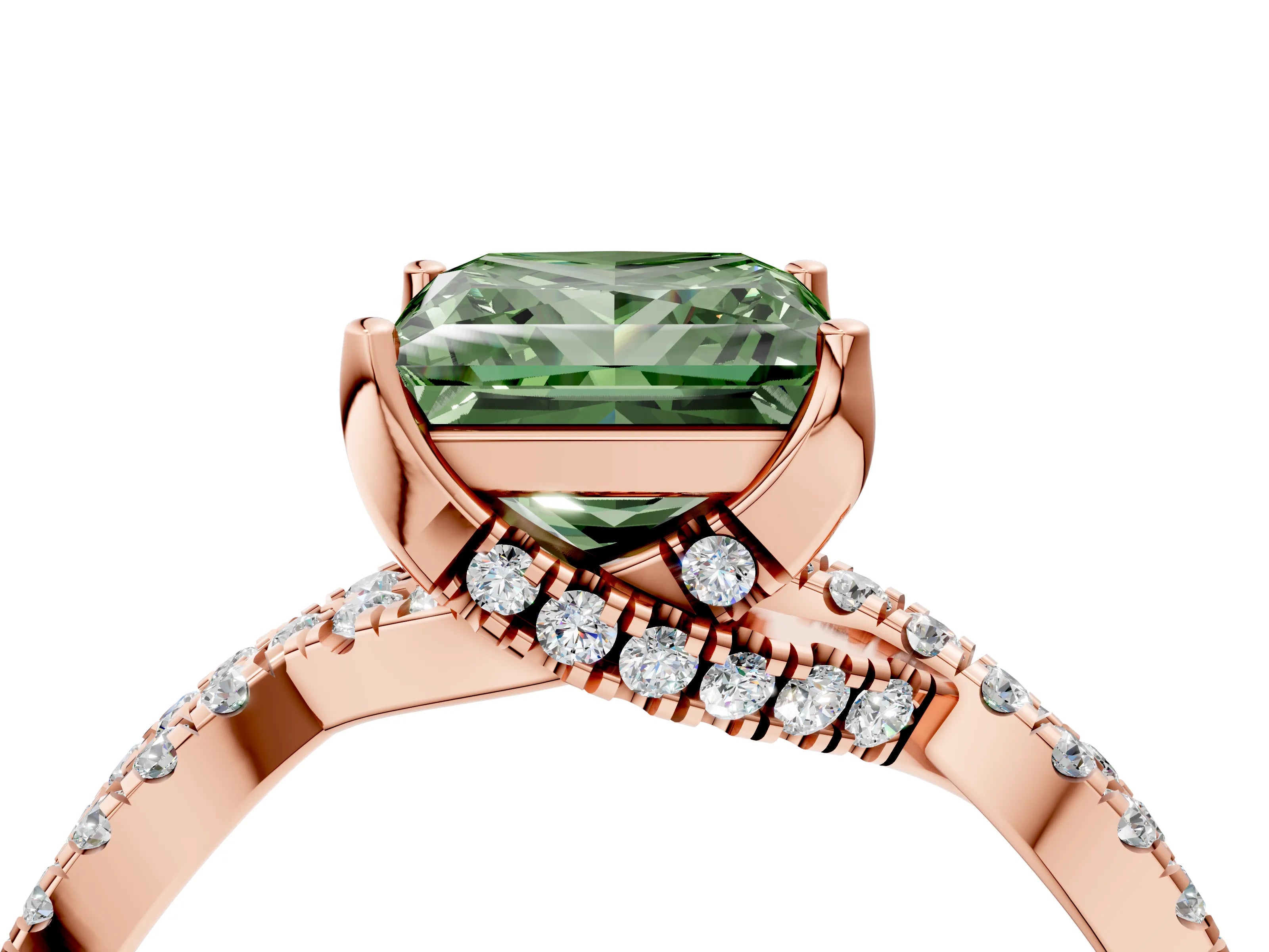 Rose gold Fancy Green Princess Cut Solitaire Twist Pave Diamond Engagement Ring with Prong Setting_4