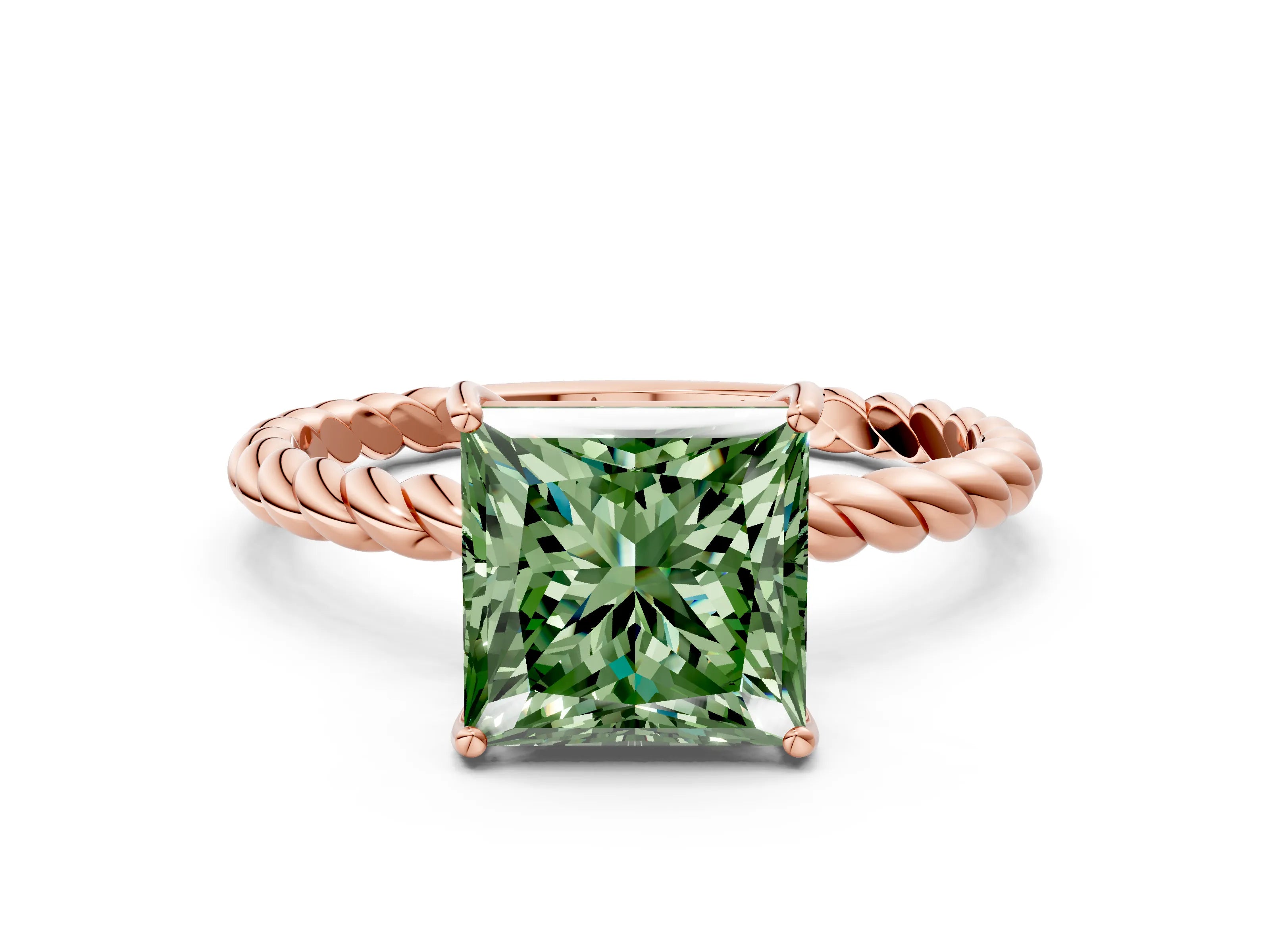 Rose gold Fancy Green Princess Cut Solitaire Twisted Band 4-Prong Ring