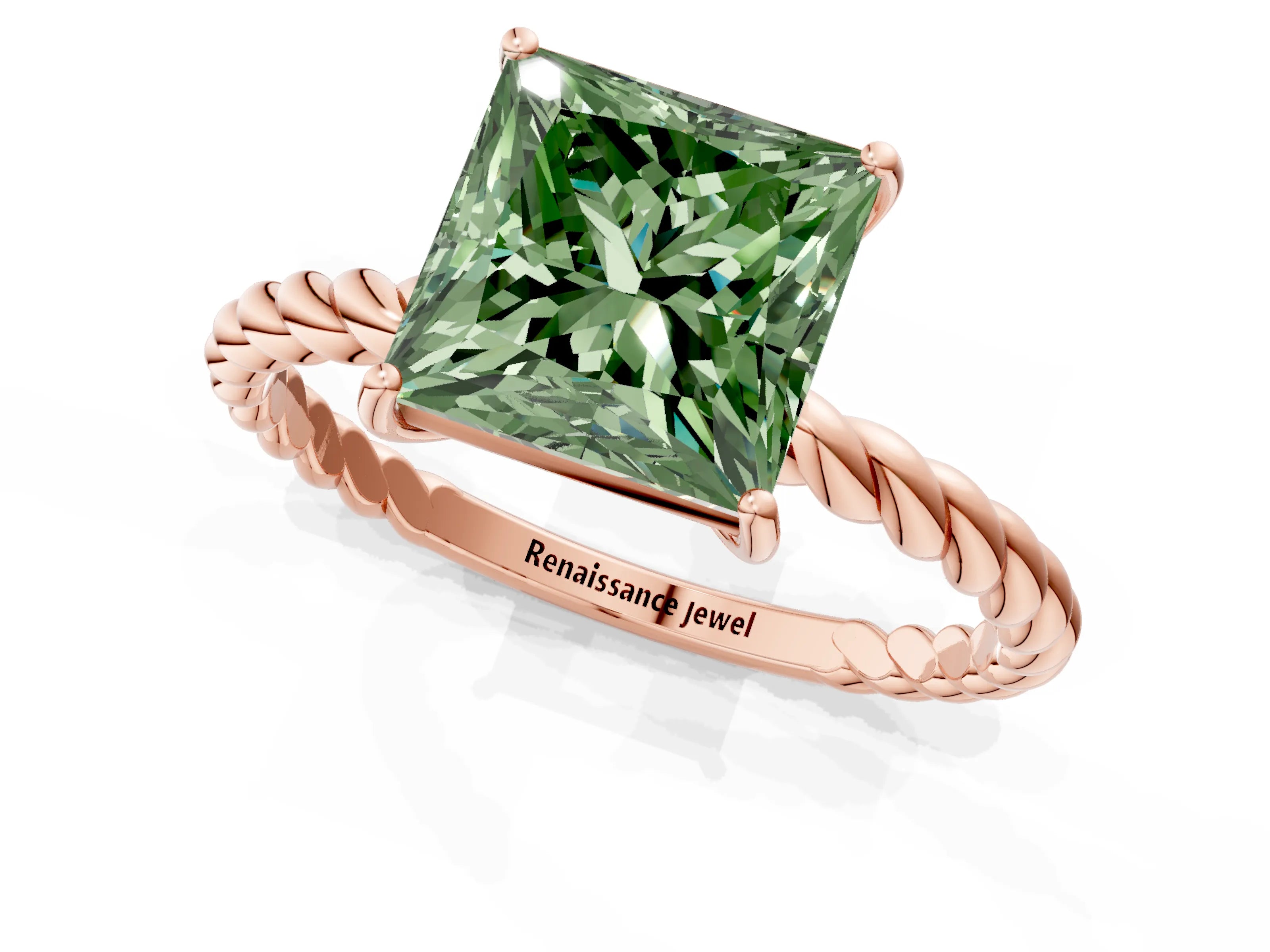 Rose gold Fancy Green Princess Cut Solitaire Twisted Band 4-Prong Ring_1