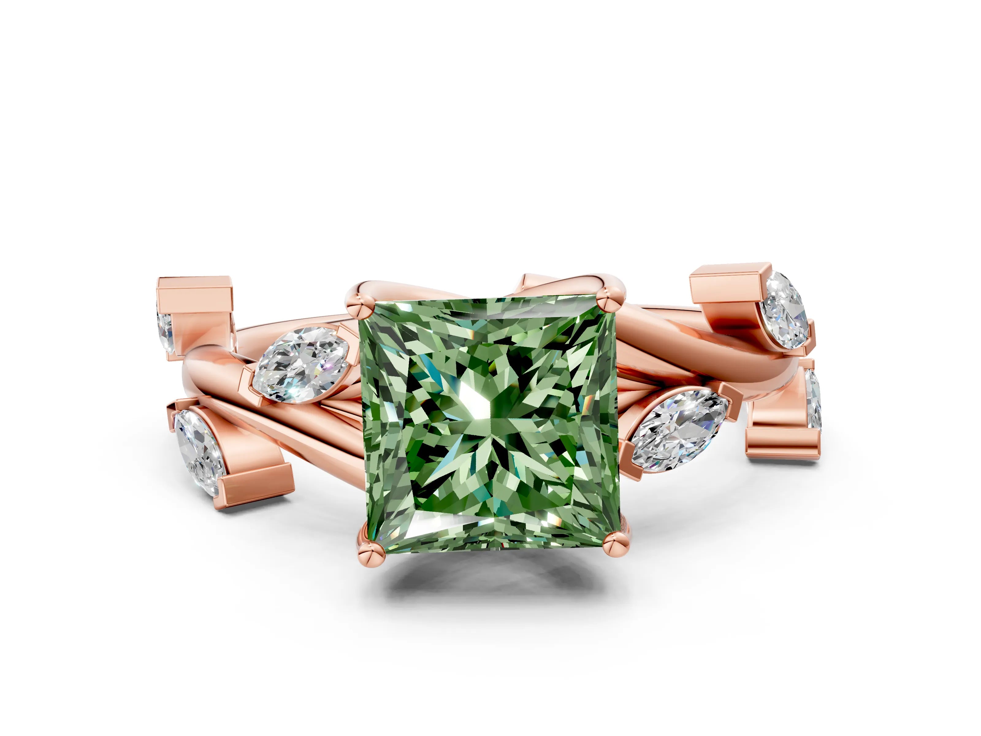 Rose gold Fancy Green Princess Cut Solitaire Twisted Band Marquise Accent Prong Setting Ring