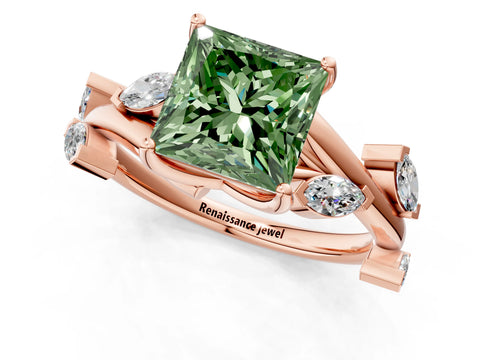Rose gold Fancy Green Princess Cut Solitaire Twisted Band Marquise Accent Prong Setting Ring_1