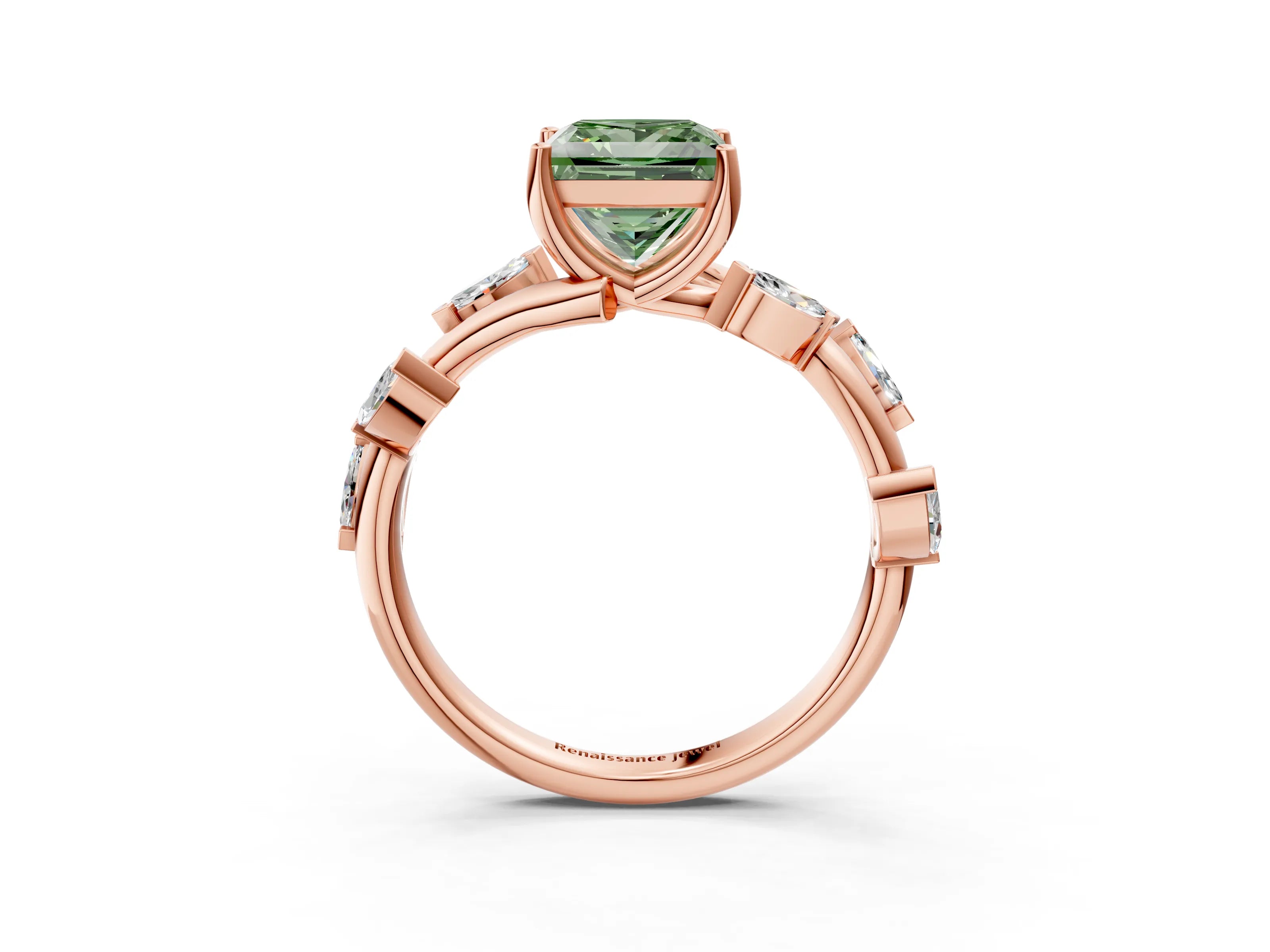 Rose gold Fancy Green Princess Cut Solitaire Twisted Band Marquise Accent Prong Setting Ring_3