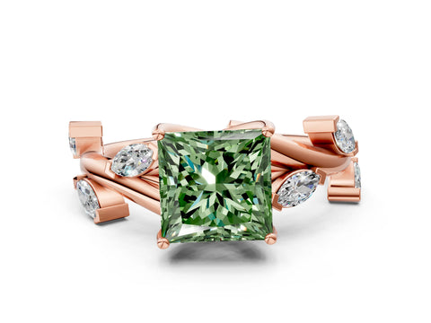 Rose gold Fancy Green Princess Cut Solitaire Twisted Band Marquise Accent Prong Setting Ring