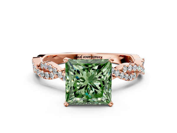 Rose gold Fancy Green Princess Cut Solitaire Twisted Pave Band with Four-Prong Setting