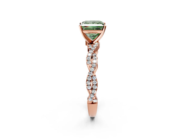 Rose gold Fancy Green Princess Cut Solitaire Twisted Pave Band with Four-Prong Setting