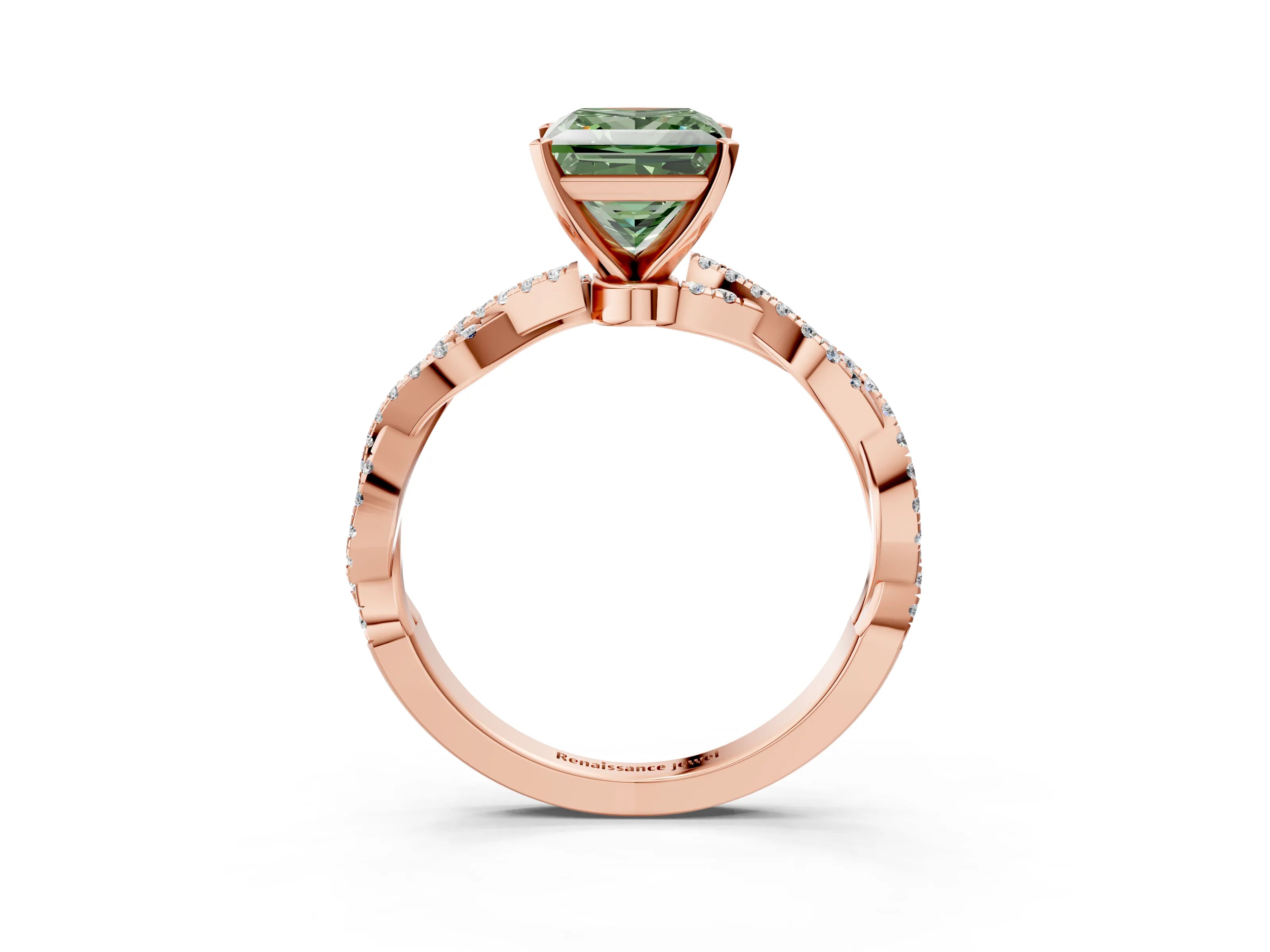 Rose gold Fancy Green Princess Cut Solitaire Twisted Pave Band with Four-Prong Setting_6