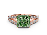 Rose gold Fancy Green Princess  Cut Split Shank Pave Diamond Engagement Ring with Four-Prong Setting