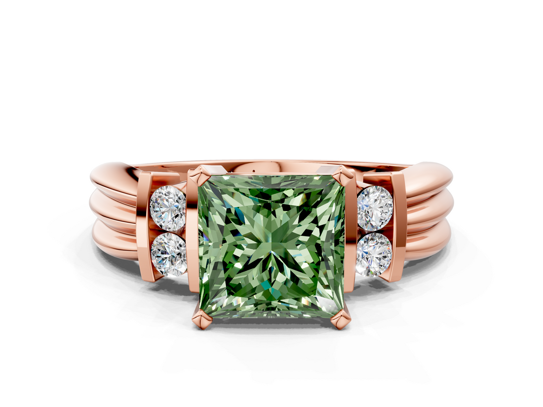 Rose gold Fancy Green Princess  Cut Three-Stone Channel Set Ring with Bar Prongs