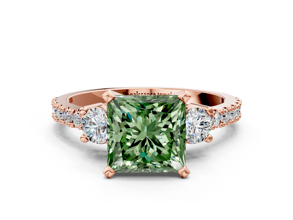Rose gold Fancy Green Princess  Cut Three-Stone Diamond Pavé Band with Prong Setting