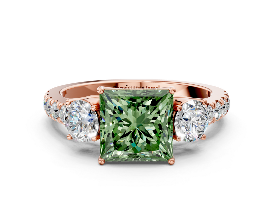 Rose gold Fancy Green Princess  Cut Three-Stone Diamond Pave Band with Prong Setting_17
