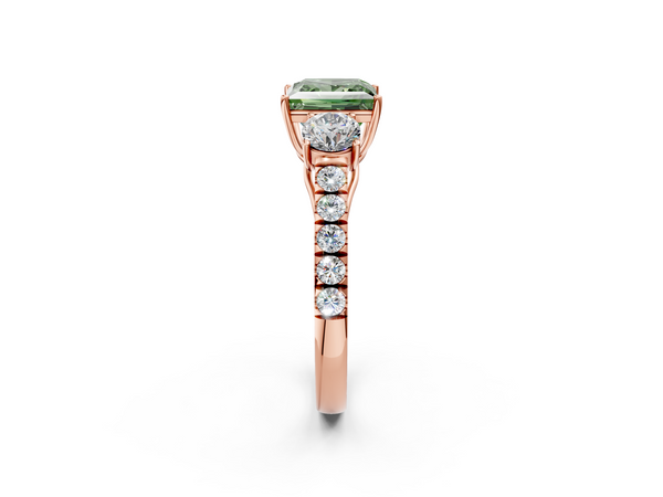 Rose gold Fancy Green Princess  Cut Diamond Three-Stone Ring with Round Side Stones and Pavé Band