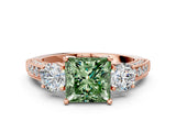 Rose gold Fancy Green Princess Cut Three-Stone Diamond Ring with Pavé Band and Four-Prong Setting
