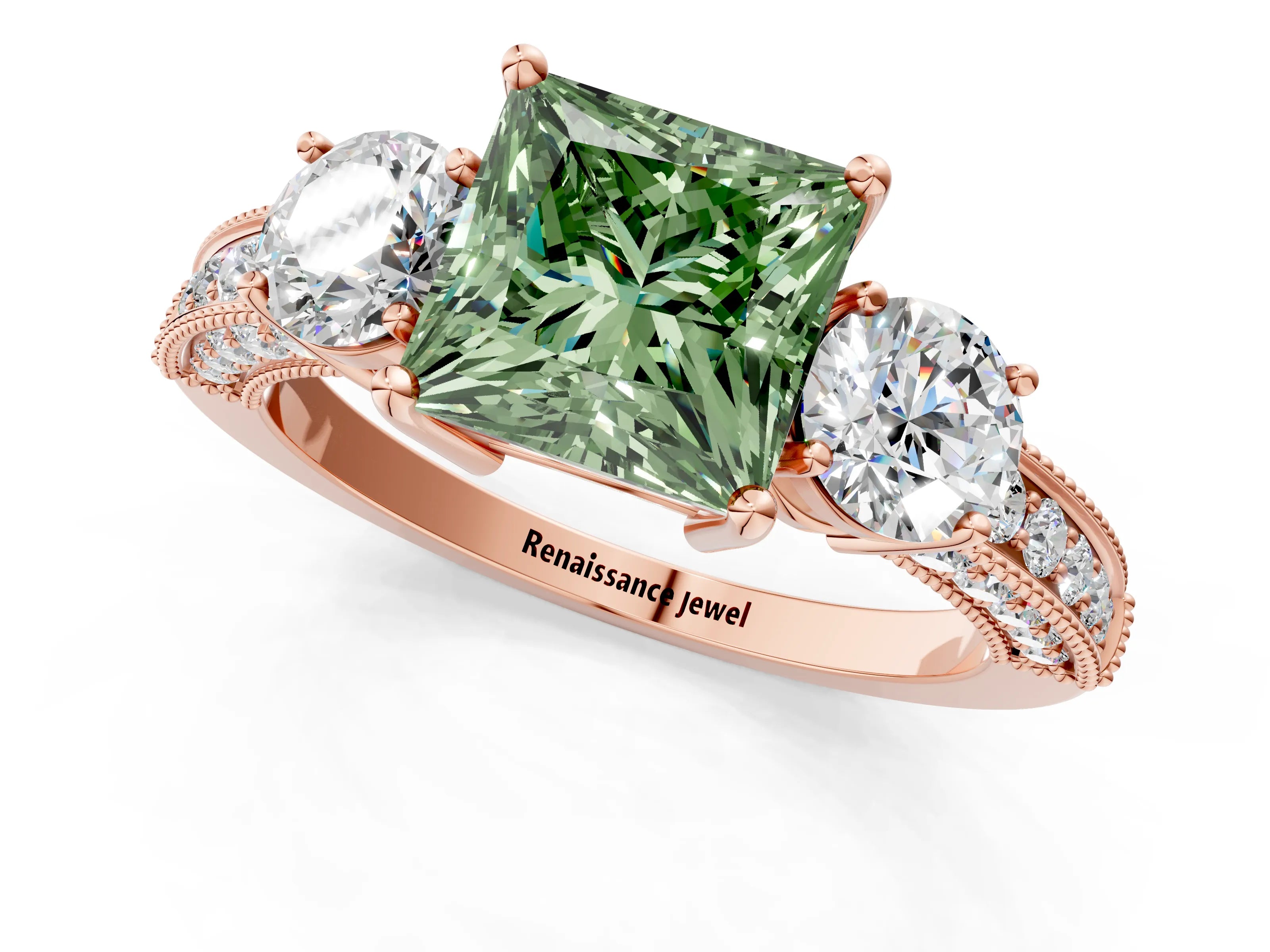 Rose gold Fancy Green Princess Cut Three-Stone Diamond Ring with Pavé Band and Four-Prong Setting_1