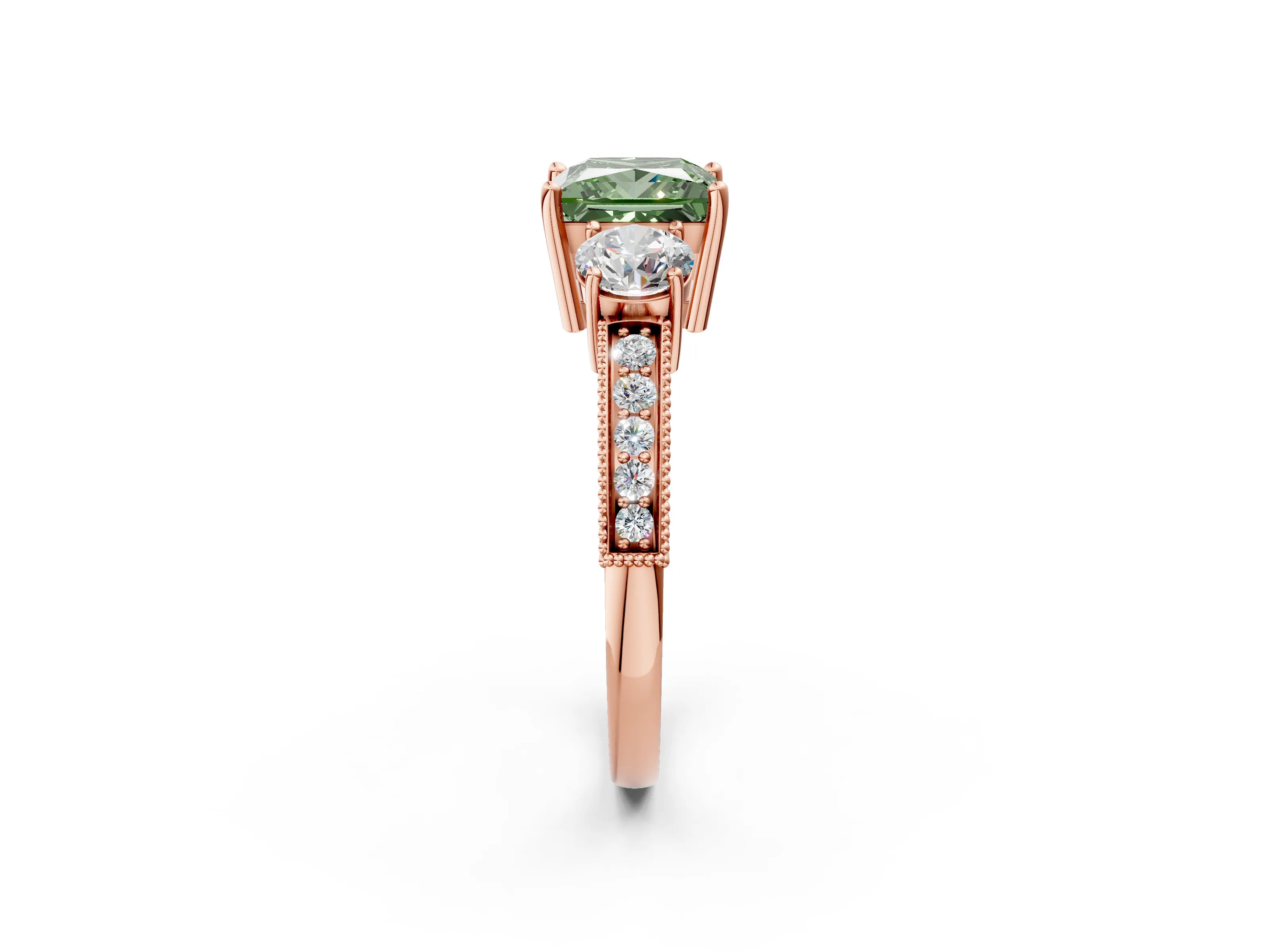 Rose gold Fancy Green Princess Cut Three-Stone Diamond Ring with Pavé Band and Four-Prong Setting_2