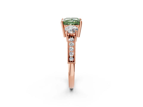 Rose gold Fancy Green Princess Cut Three-Stone Diamond Ring with Pavé Band and Four-Prong Setting_2