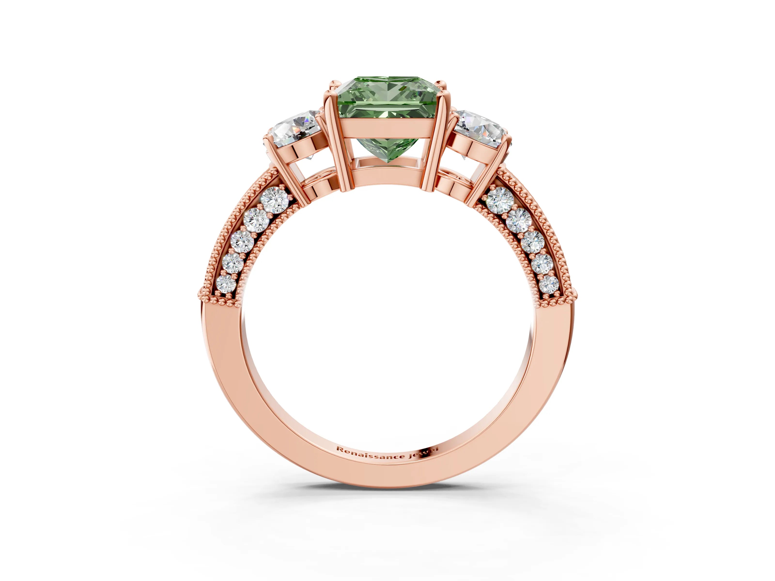 Rose gold Fancy Green Princess Cut Three-Stone Diamond Ring with Pavé Band and Four-Prong Setting_3