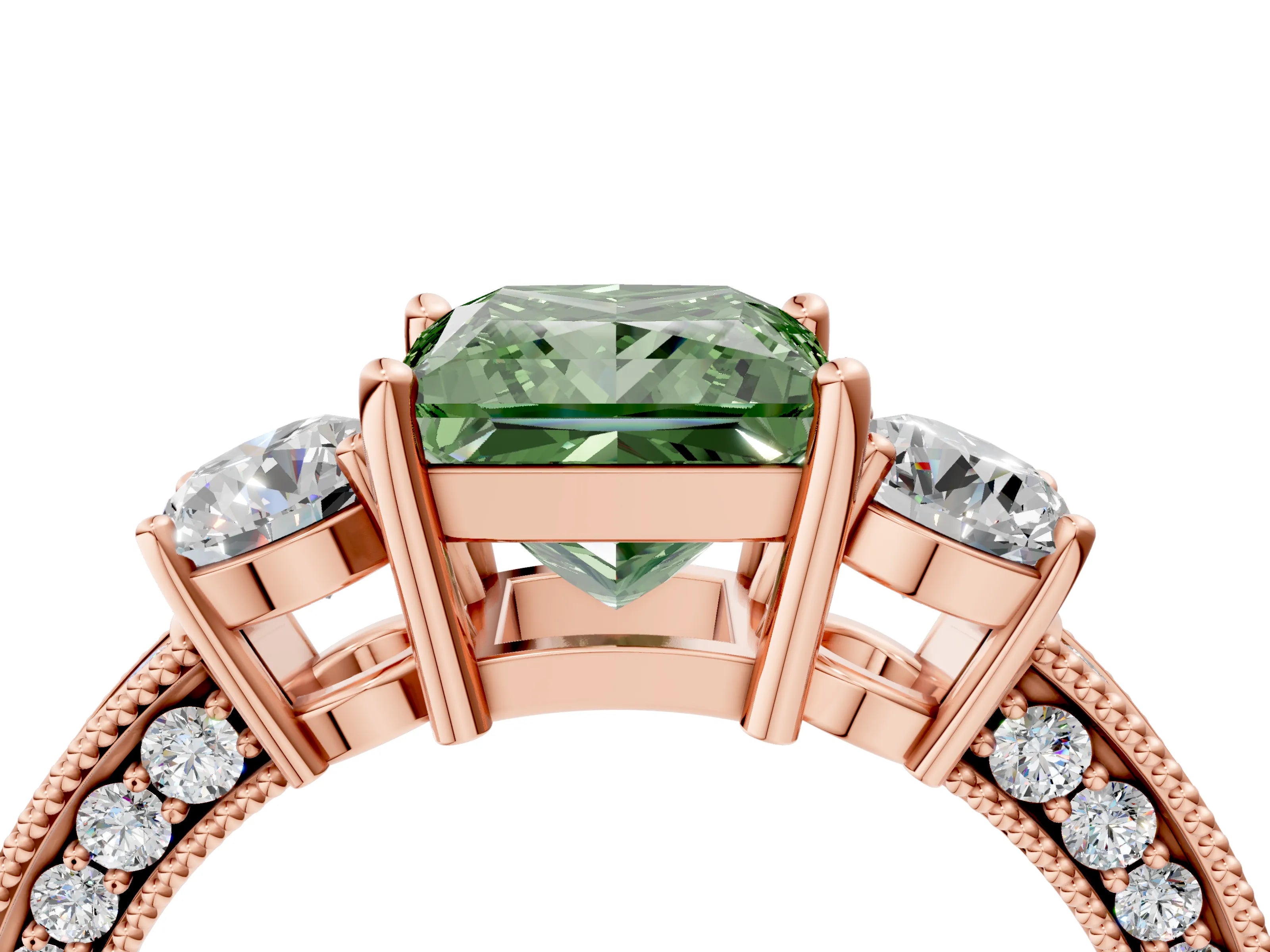 Rose gold Fancy Green Princess Cut Three-Stone Diamond Ring with Pavé Band and Four-Prong Setting_4