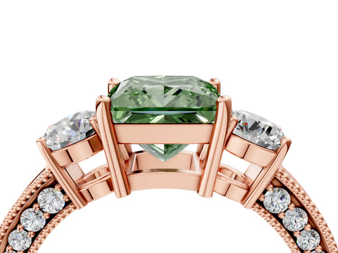 Rose gold Fancy Green Princess Cut Three-Stone Diamond Ring with Pavé Band and Four-Prong Setting_4