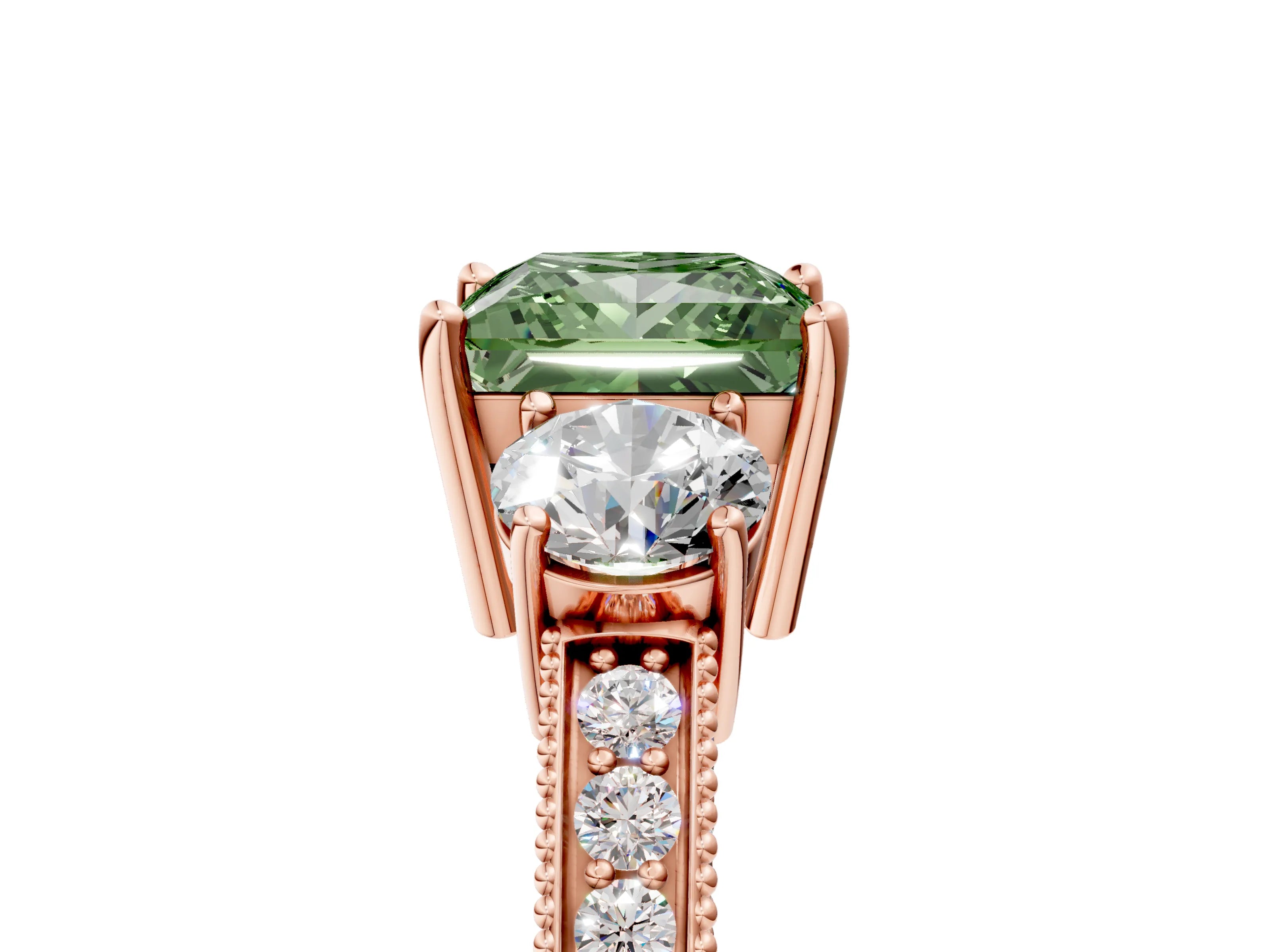 Rose gold Fancy Green Princess Cut Three-Stone Diamond Ring with Pavé Band and Four-Prong Setting_5