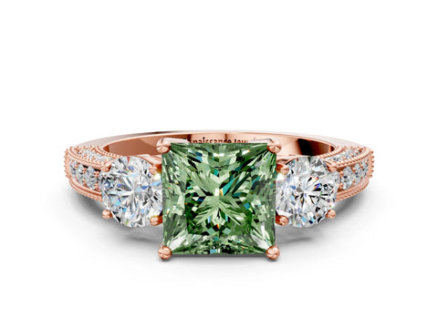 Rose gold Fancy Green Princess Cut Three-Stone Diamond Ring with Pavé Band and Four-Prong Setting