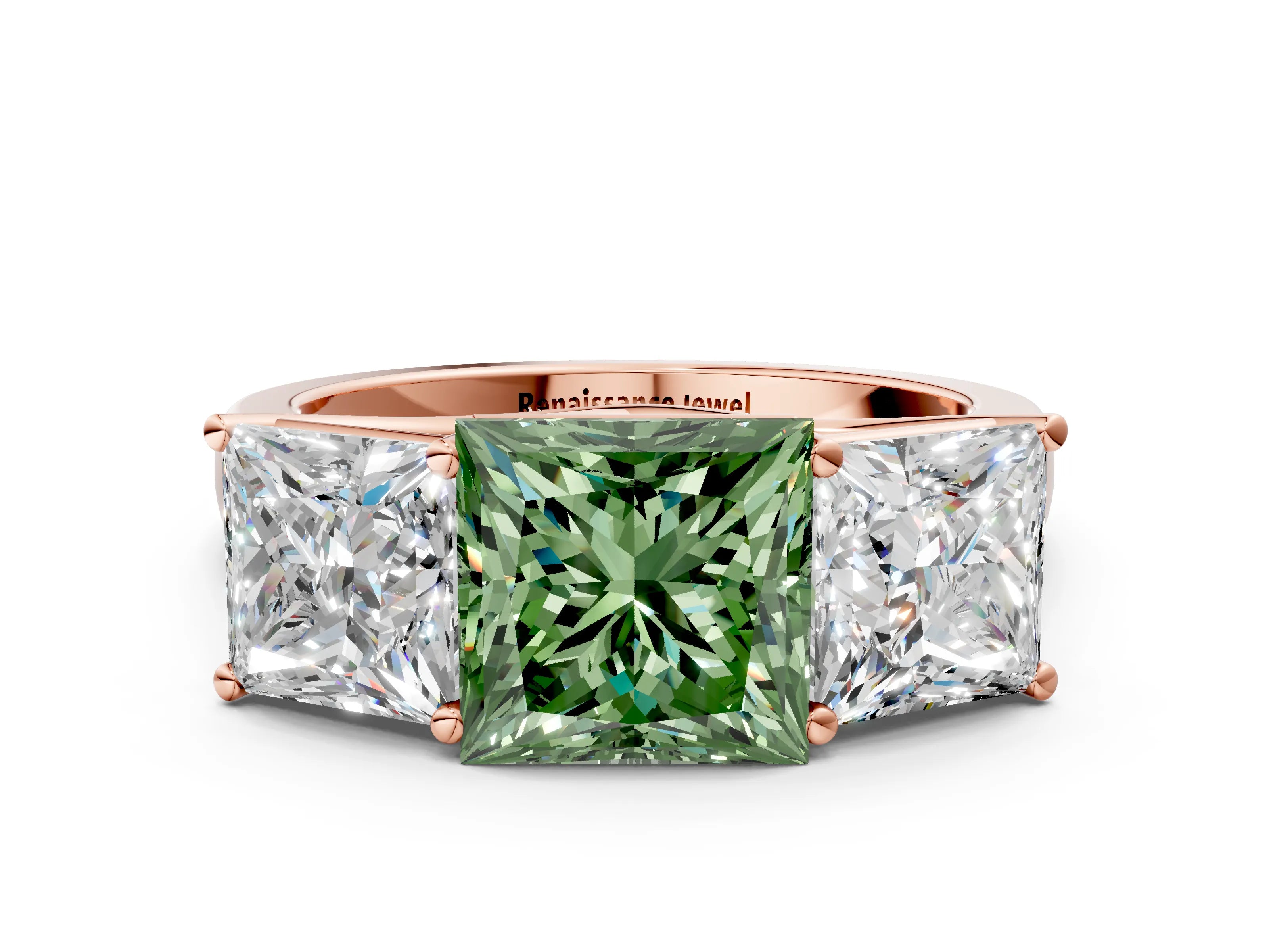 Rose gold Fancy Green Princess Cut Three-Stone Diamond Ring with Prong Setting on a Classic Band