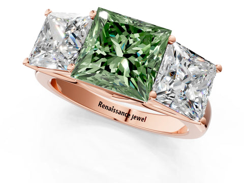 Rose gold Fancy Green Princess Cut Three-Stone Diamond Ring with Prong Setting on a Classic Band_1