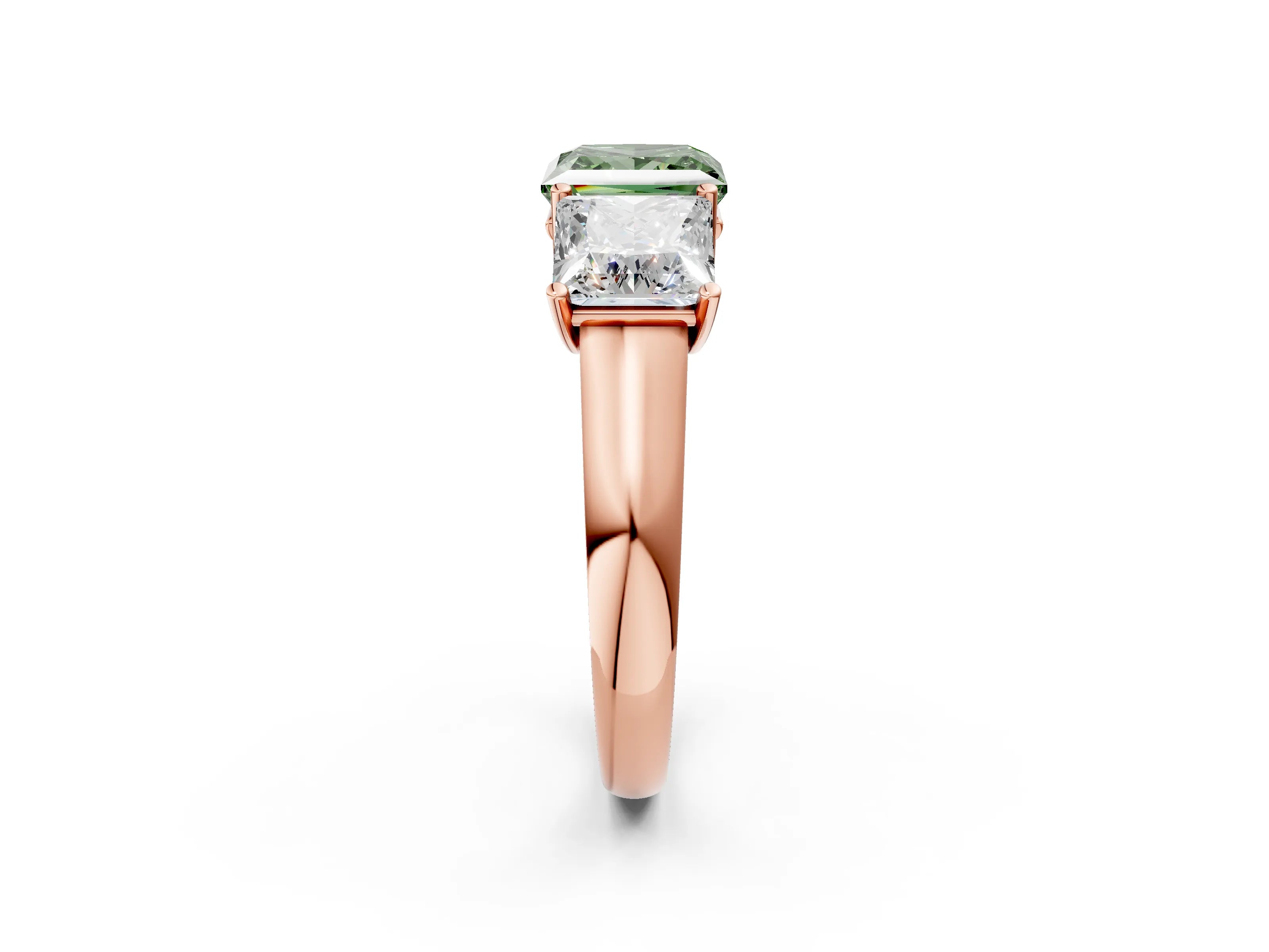 Rose gold Fancy Green Princess Cut Three-Stone Diamond Ring with Prong Setting on a Classic Band_2