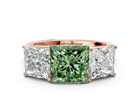 Rose gold Fancy Green Princess Cut Three-Stone Diamond Ring with Prong Setting on a Classic Band