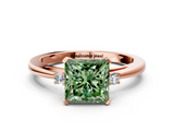 Rose gold Fancy Green Princess  Cut Three-Stone Solitaire Ring with Round Accent Diamonds and Four-Prong Setting