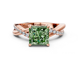 Rose gold Fancy Green Princess  Cut Twist Band Solitaire Diamond Ring with Pavé Setting_3