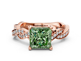Rose gold Fancy Green Princess  Cut Twisted Pavé Band Solitaire Ring with Four-Prong Setting