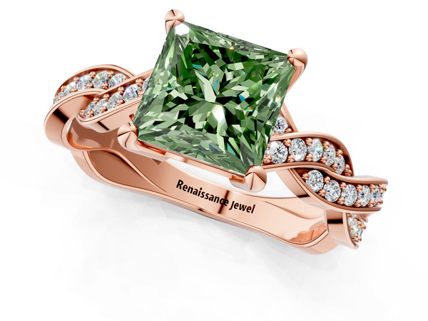 Rose gold Fancy Green Princess  Cut Twisted Pavé Band Solitaire Ring with Four-Prong Setting