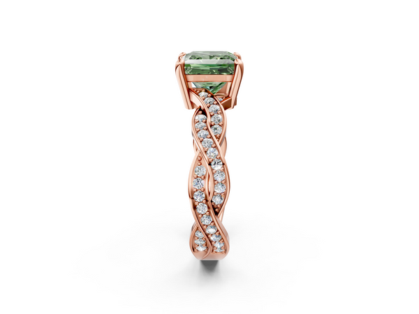 Rose gold Fancy Green Princess  Cut Twisted Pavé Band Solitaire Ring with Four-Prong Setting
