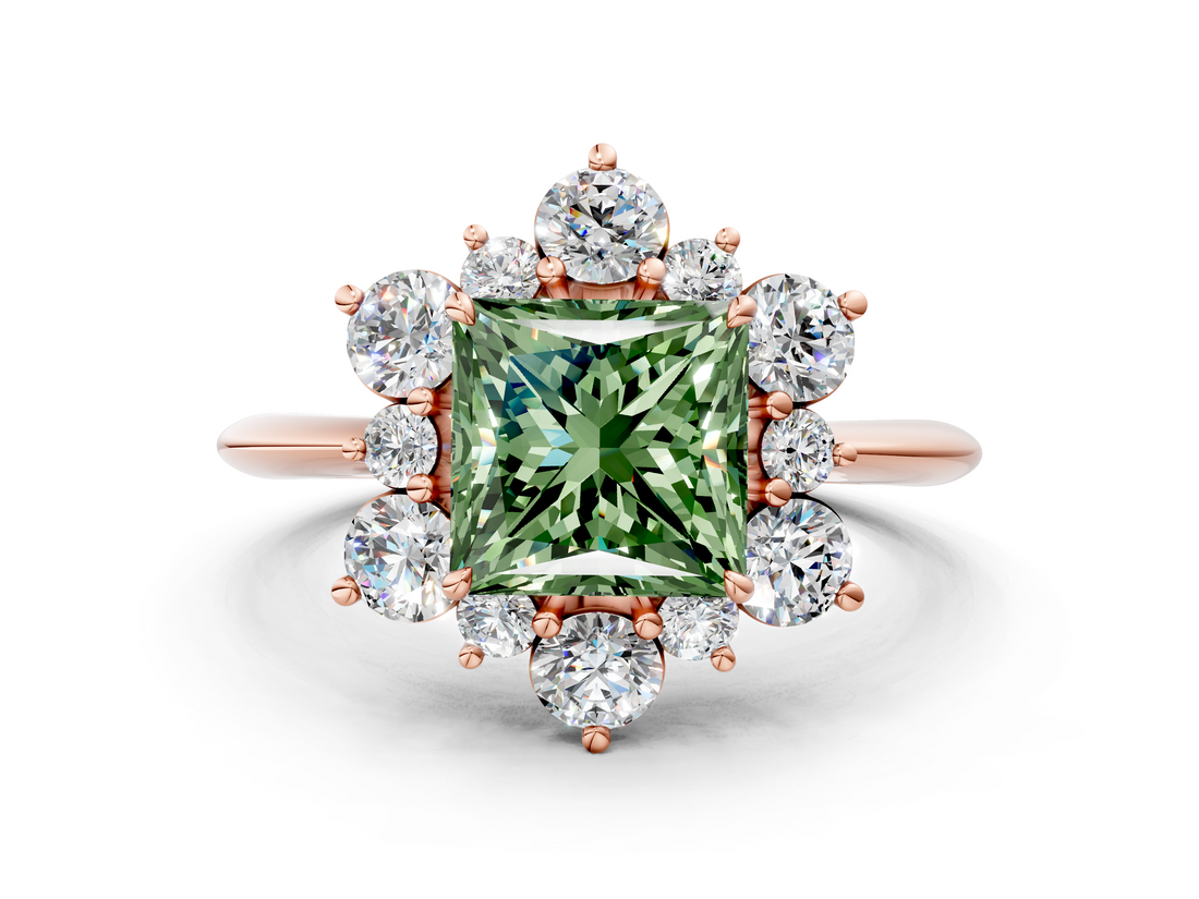 Rose gold Fancy Green Princess  Diamond Cluster Halo Ring with Solitaire Band and Four-Prong Setting