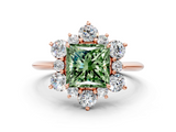 Rose gold Fancy Green Princess  Diamond Cluster Halo Ring with Solitaire Band and Four-Prong Setting