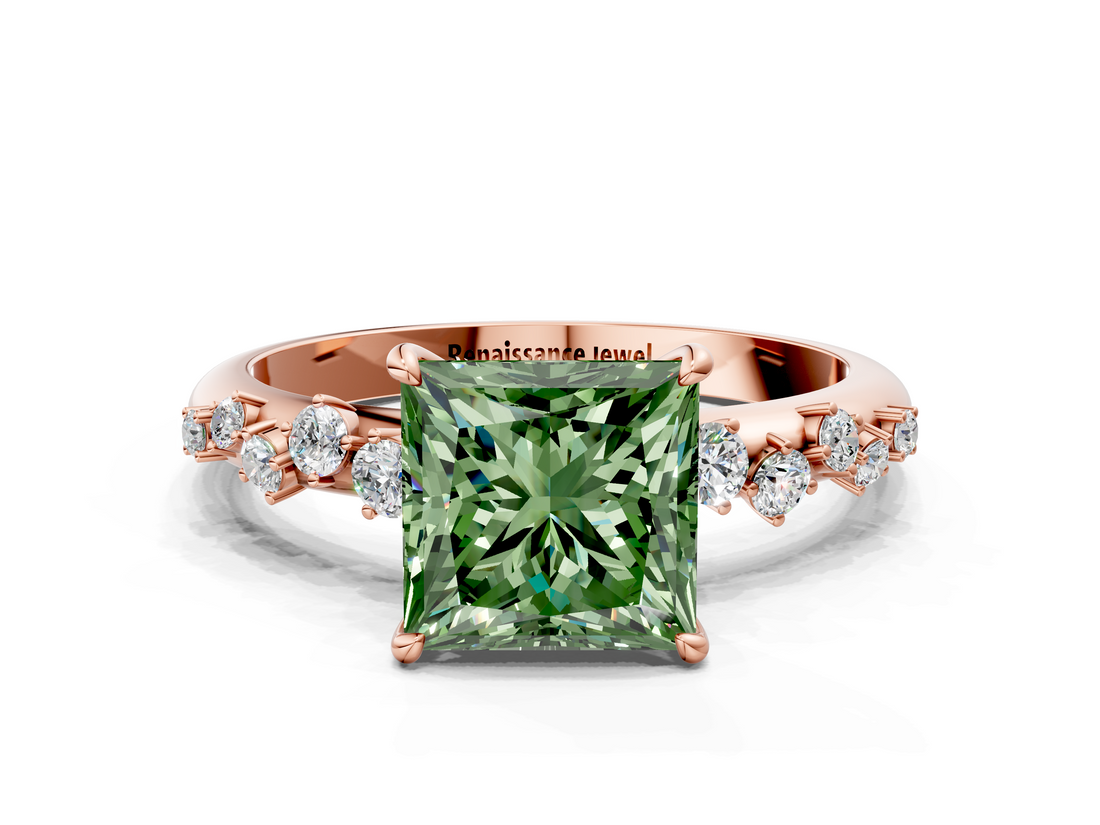 Rose gold Fancy Green Princess  Diamond Cluster Prong-Set Solitaire Ring
