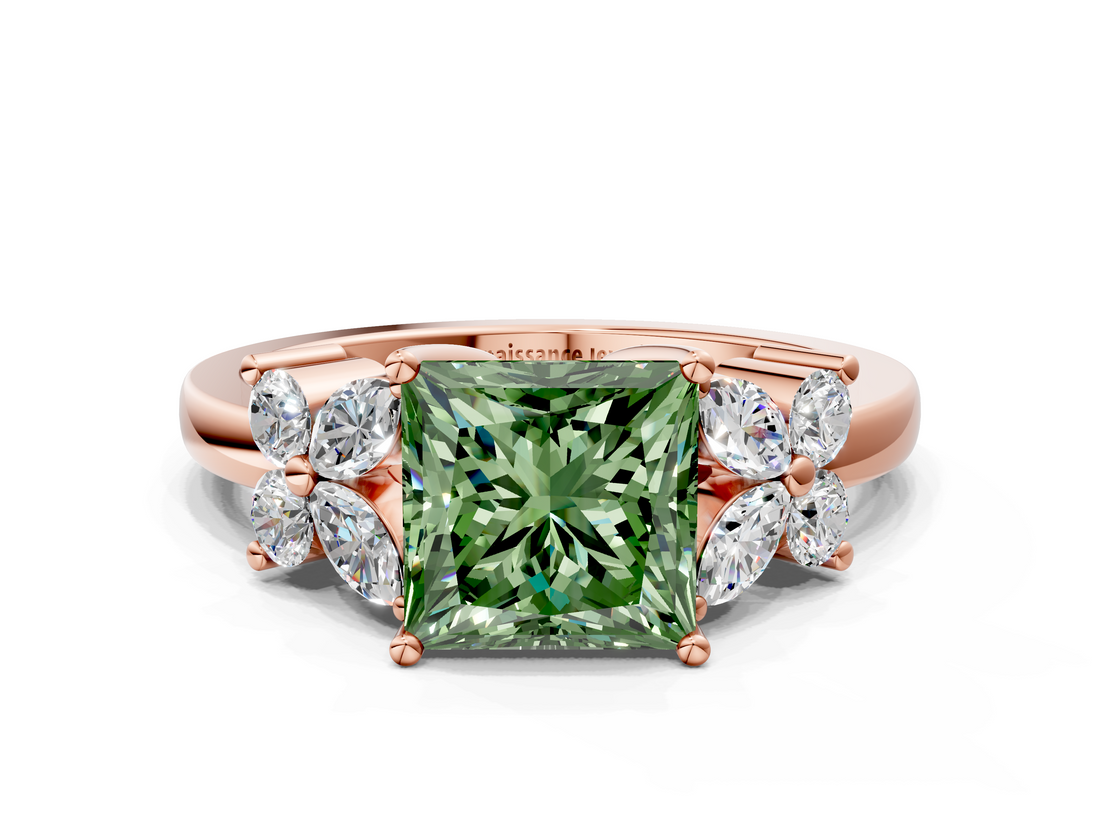 Rose gold Fancy Green Princess  Diamond Floral Cluster Ring with Solitaire Band and Prong Setting