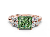 Rose gold Fancy Green Princess  Diamond Floral Cluster Ring with Solitaire Band and Prong Setting